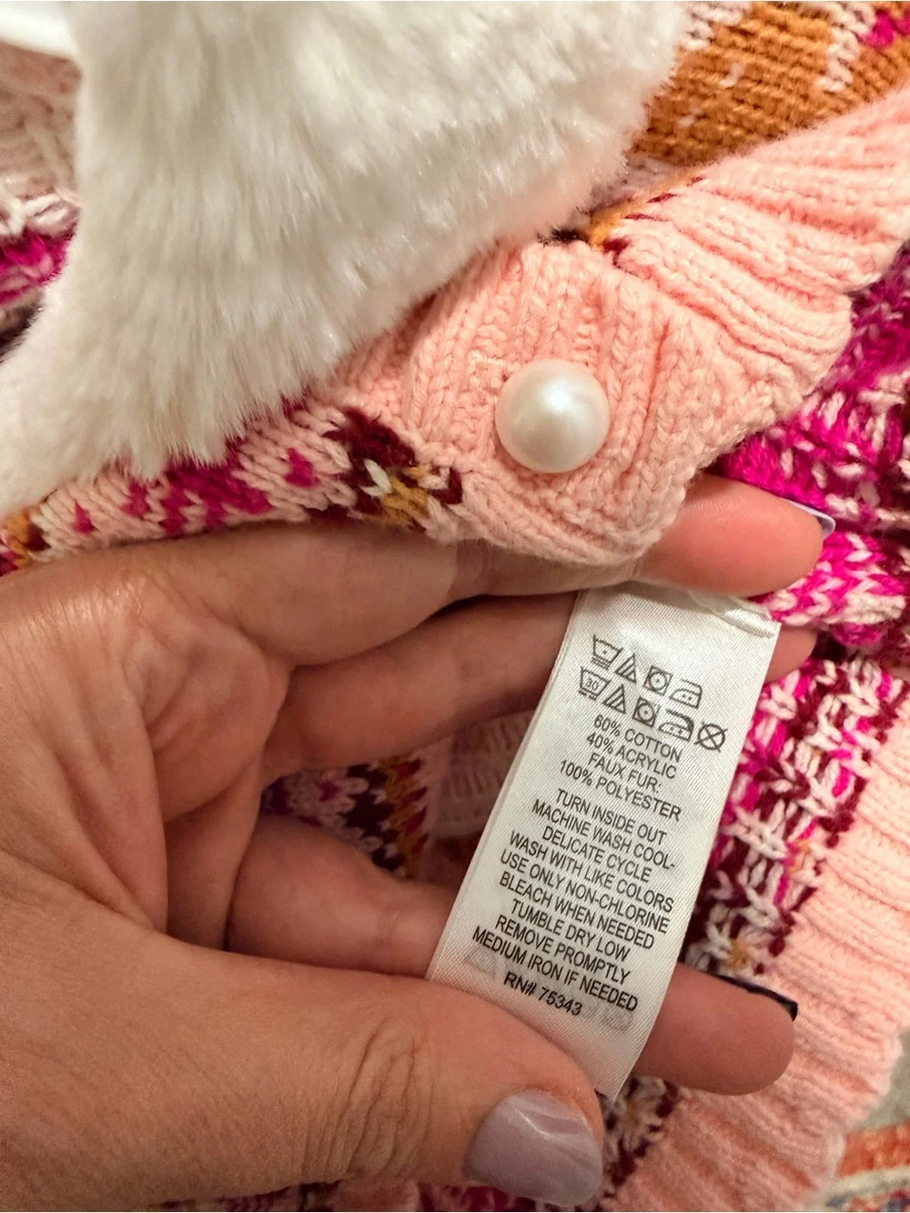 Cynthia Rowley Pink Fair Isle Knit Cardigan with Faux-Fur Collar